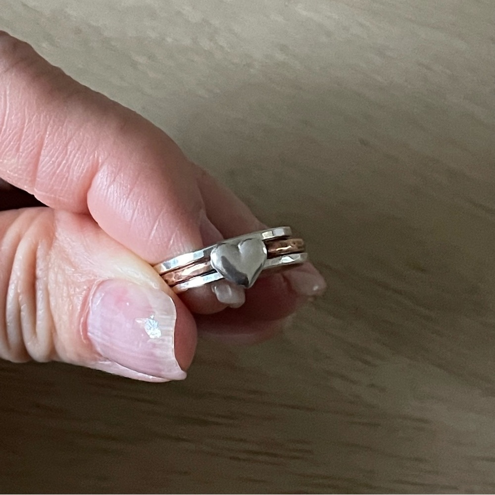 Silver and Bronze Puffy Heart Ring Set